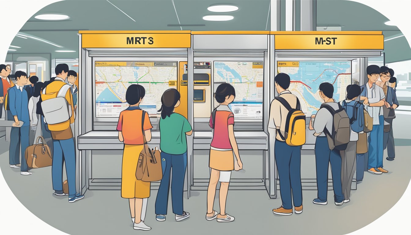 Passengers lining up at a ticket counter, signs pointing to MRT card sales, and a map of the MRT system displayed prominently