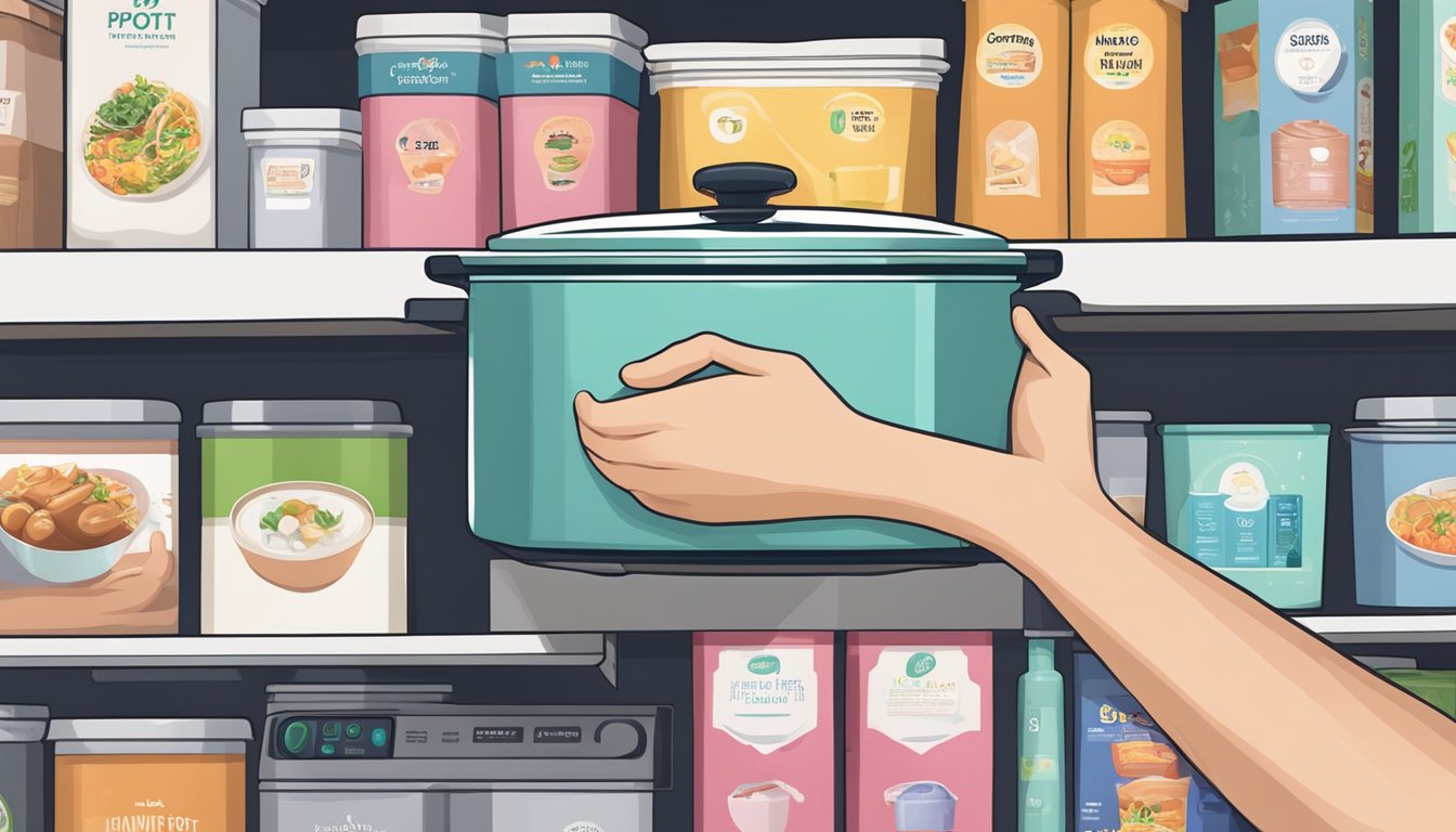 A hand reaches for an Instant Pot box on a store shelf in Singapore