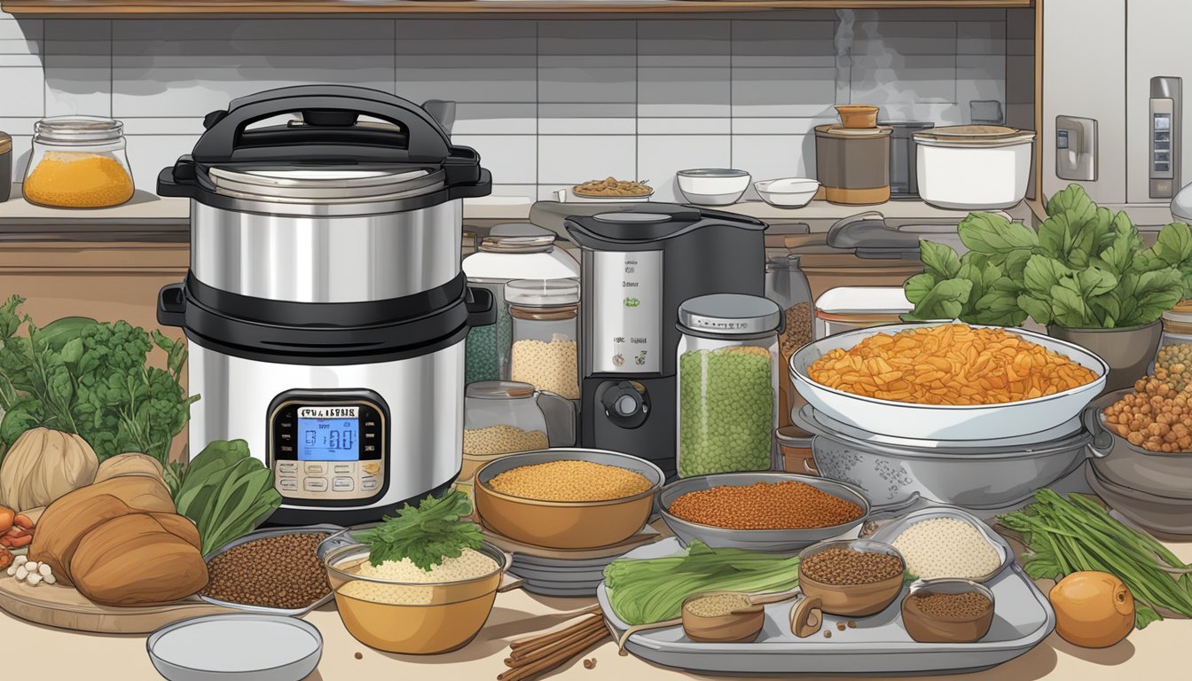 A bustling Singaporean kitchen, with an Instant Pot front and center, surrounded by various ingredients and spices, emitting delicious aromas