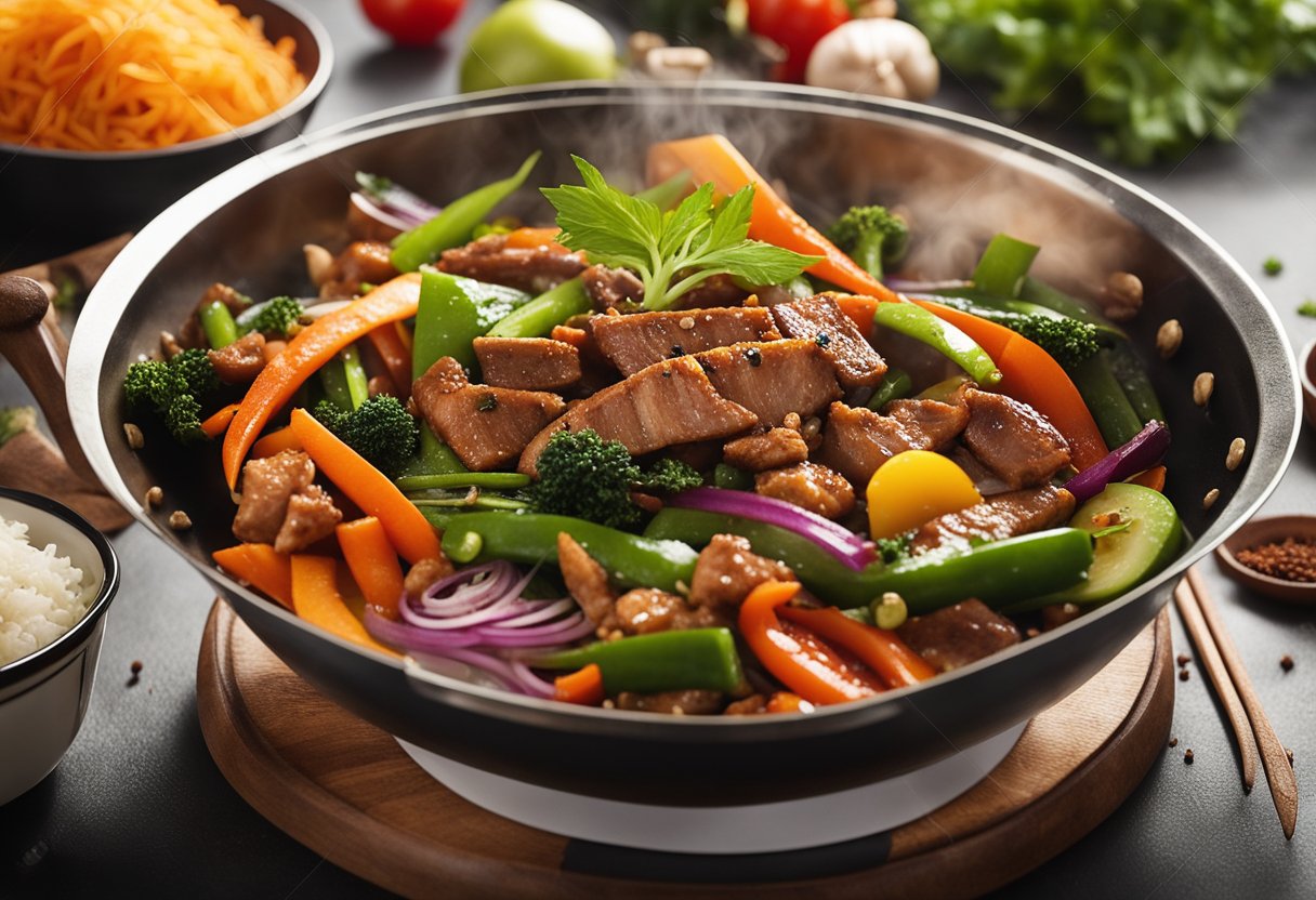 A steaming wok sizzles with vibrant vegetables, tender meats, and aromatic spices, creating a mouthwatering blend of Indo-Chinese flavors