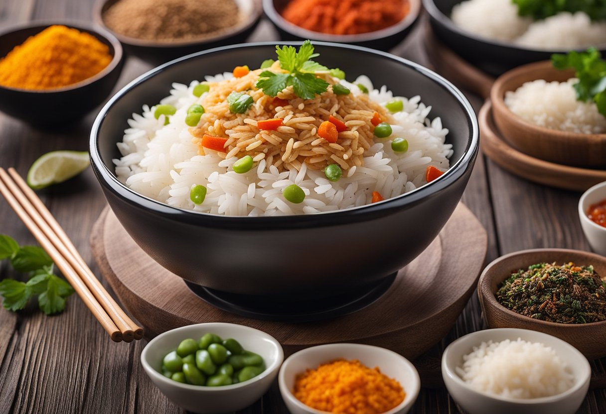 A steaming bowl of Indo-Chinese rice sits on a wooden table, surrounded by colorful spices and fresh vegetables. A pair of chopsticks rest on the side, ready to dig in