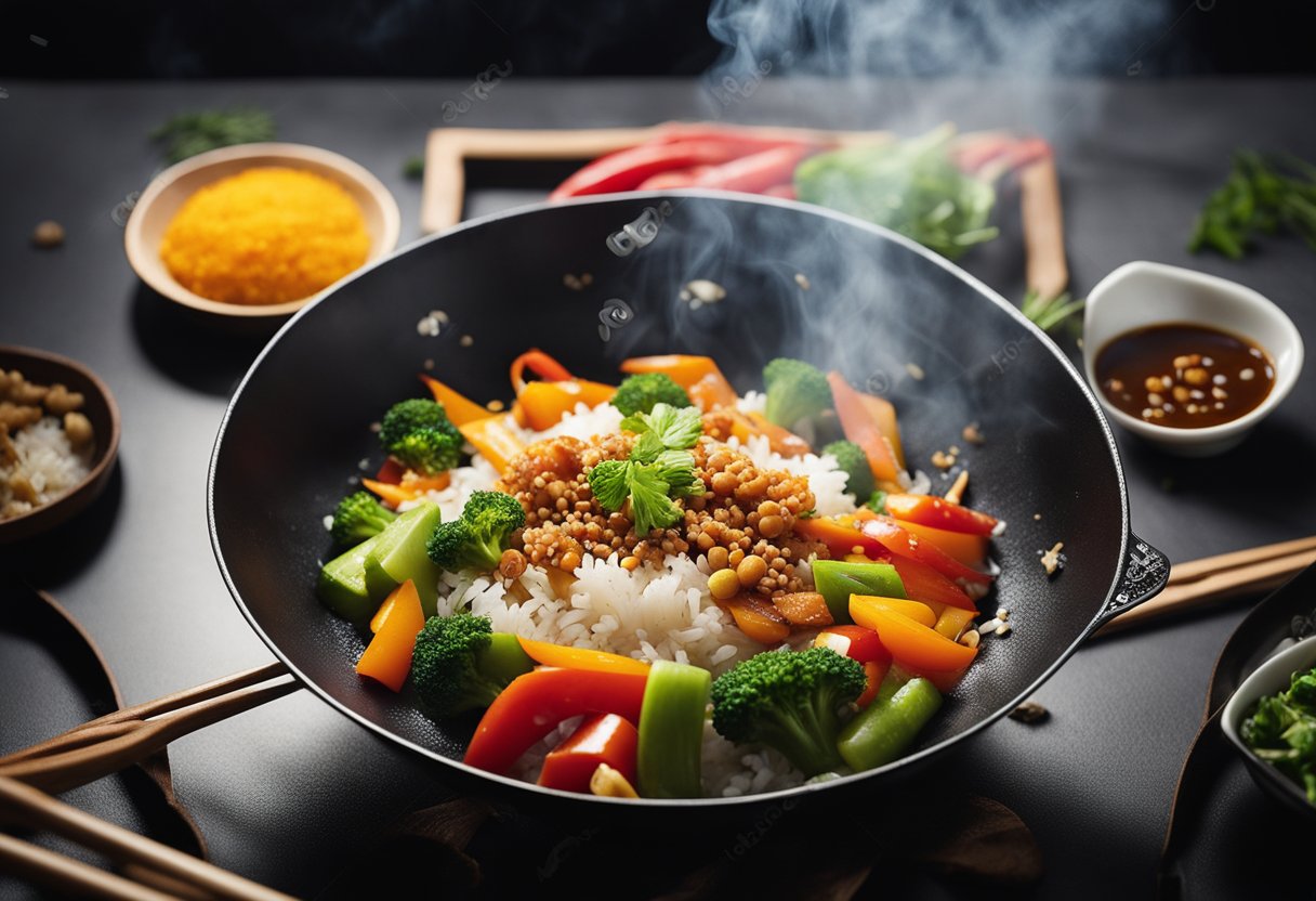 A sizzling wok tosses colorful vegetables and steamed rice, while a fragrant blend of soy sauce and spices fills the air