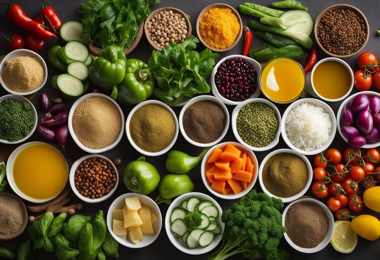 A colorful array of fresh vegetables, aromatic spices, and exotic sauces arranged on a kitchen counter