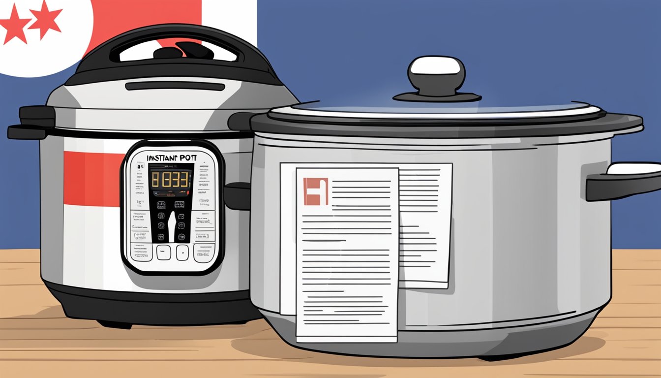 A stack of "Frequently Asked Questions" papers next to an Instant Pot, with a Singaporean flag in the background