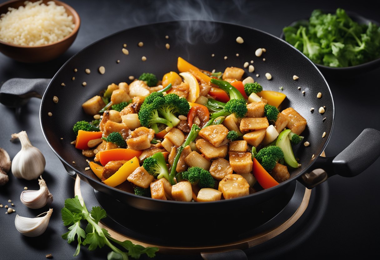 A wok sizzles with garlic, ginger, and soy sauce. Vibrant veggies and aromatic spices add color and depth to the dish