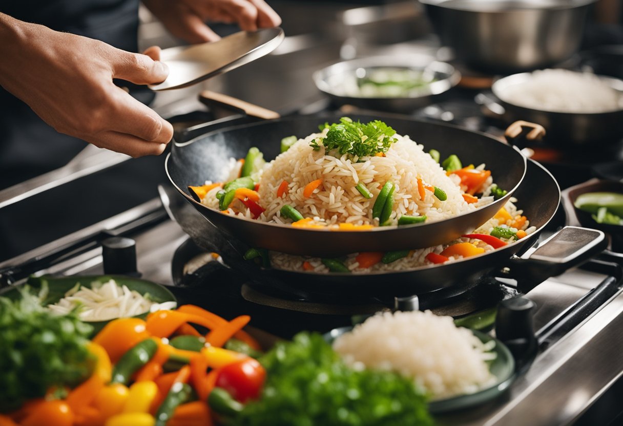 A sizzling wok tosses colorful veggies and rice. A chef garnishes with fresh herbs and sauces, presenting a vibrant Indo-Chinese rice dish