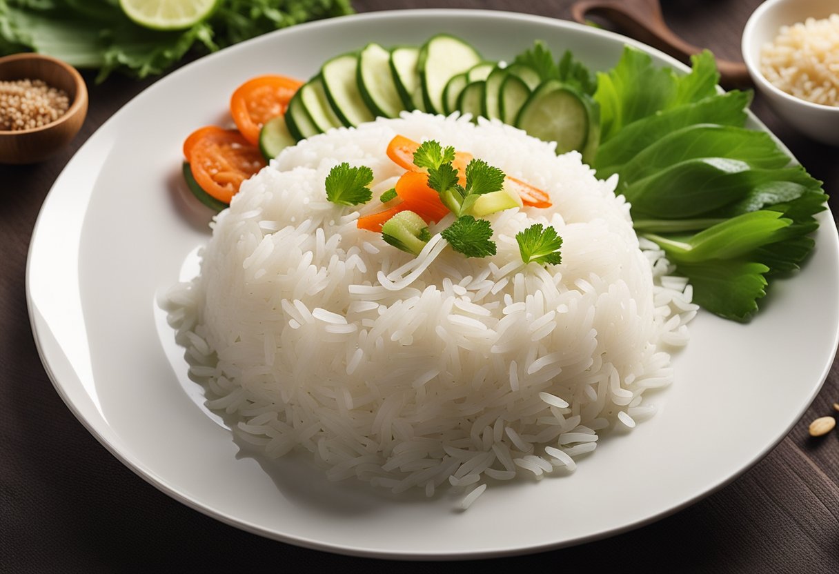 A colorful plate of Indo Chinese rice, garnished with fresh vegetables and herbs, steaming hot and ready to be served
