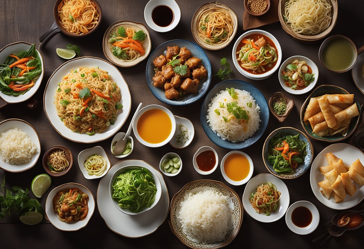 A table filled with colorful dishes of popular Indo-Chinese recipes, including fried rice, noodles, Manchurian, and spring rolls