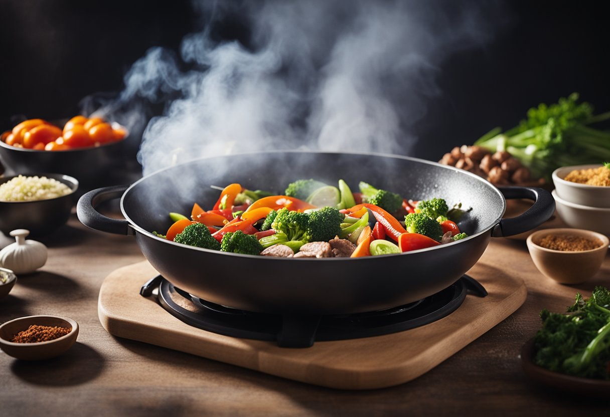 A steaming wok sizzles with colorful vegetables, tender meats, and aromatic spices, creating a tantalizing aroma that fills the kitchen
