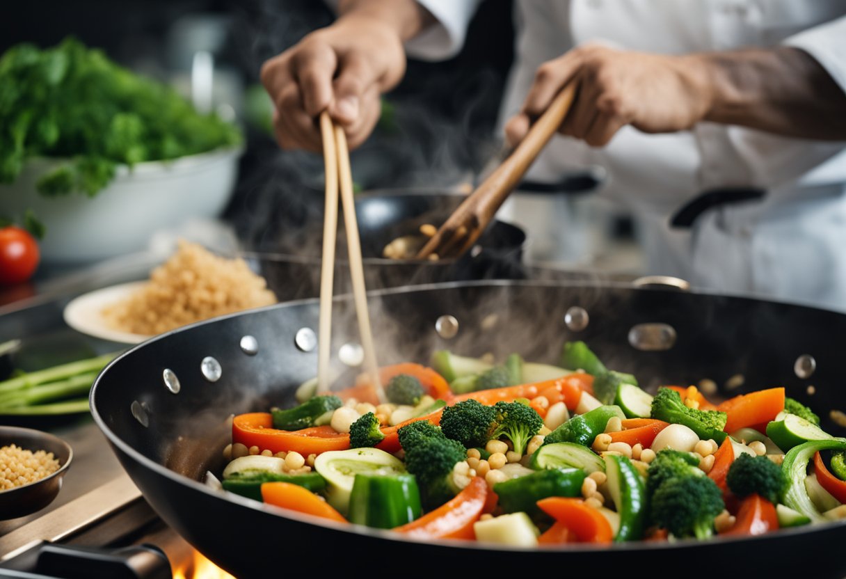 Vegetables stir-frying in a wok with sizzling oil, while a chef adds soy sauce and spices