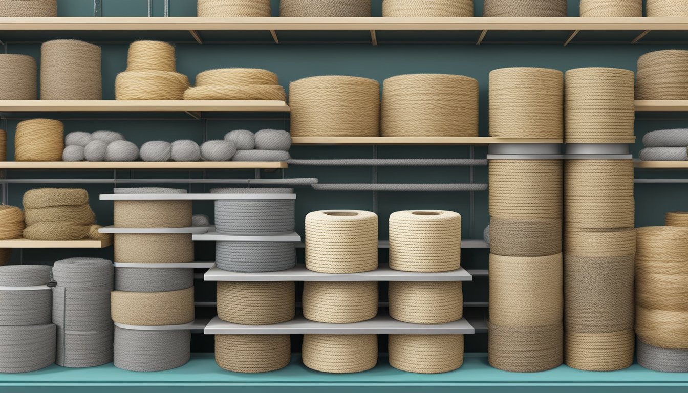 A hardware store shelf displays coils of sisal rope in Singapore