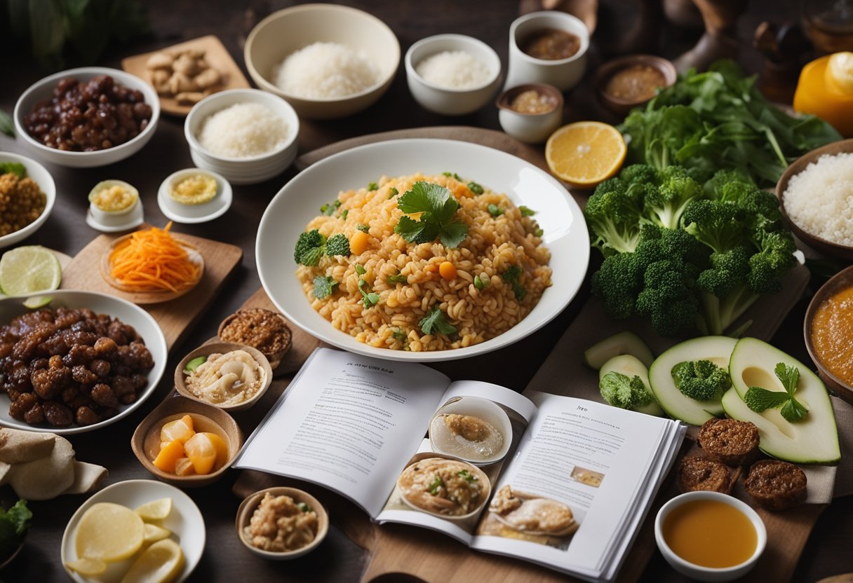 A chef modifies Indo-Chinese recipes, swapping ingredients and adjusting portions. A table displays various food items and a cookbook open to a recipe page
