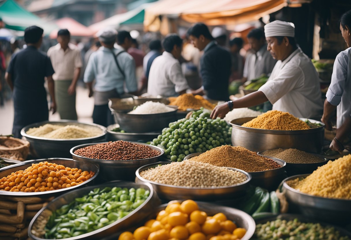 A bustling market with colorful stalls selling fresh produce and spices, while chefs prepare fragrant Indo-Chinese dishes in open-air kitchens