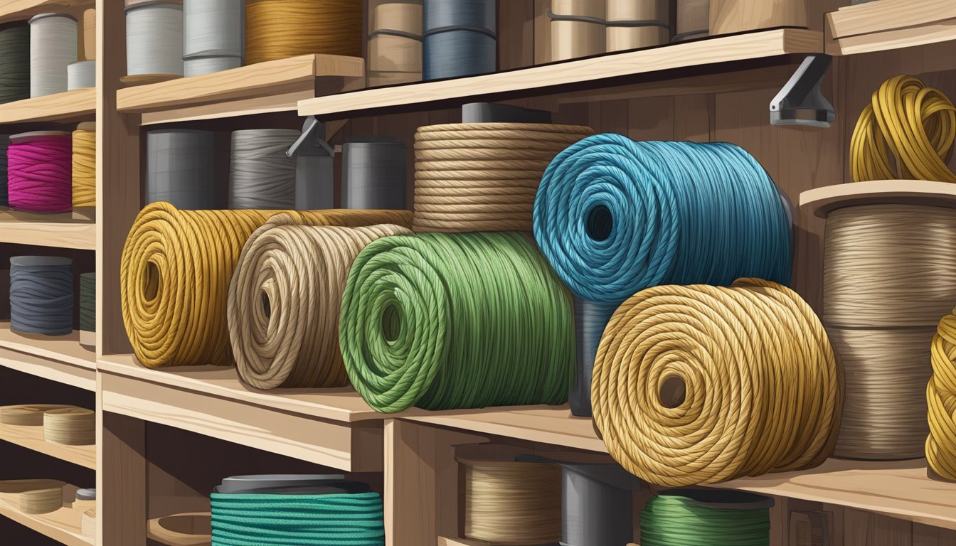 A spool of sisal rope sits on a shelf in a hardware store, surrounded by various other types of rope and supplies