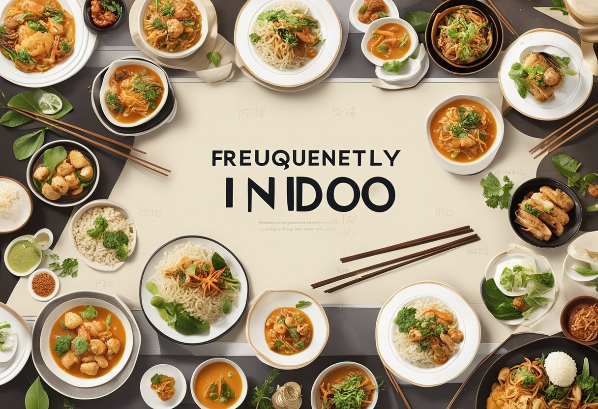 A table with a variety of Indo-Chinese dishes, steam rising, chopsticks and a fork nearby. Text "Frequently Asked Questions Indo-Chinese Recipes" in bold font above the dishes