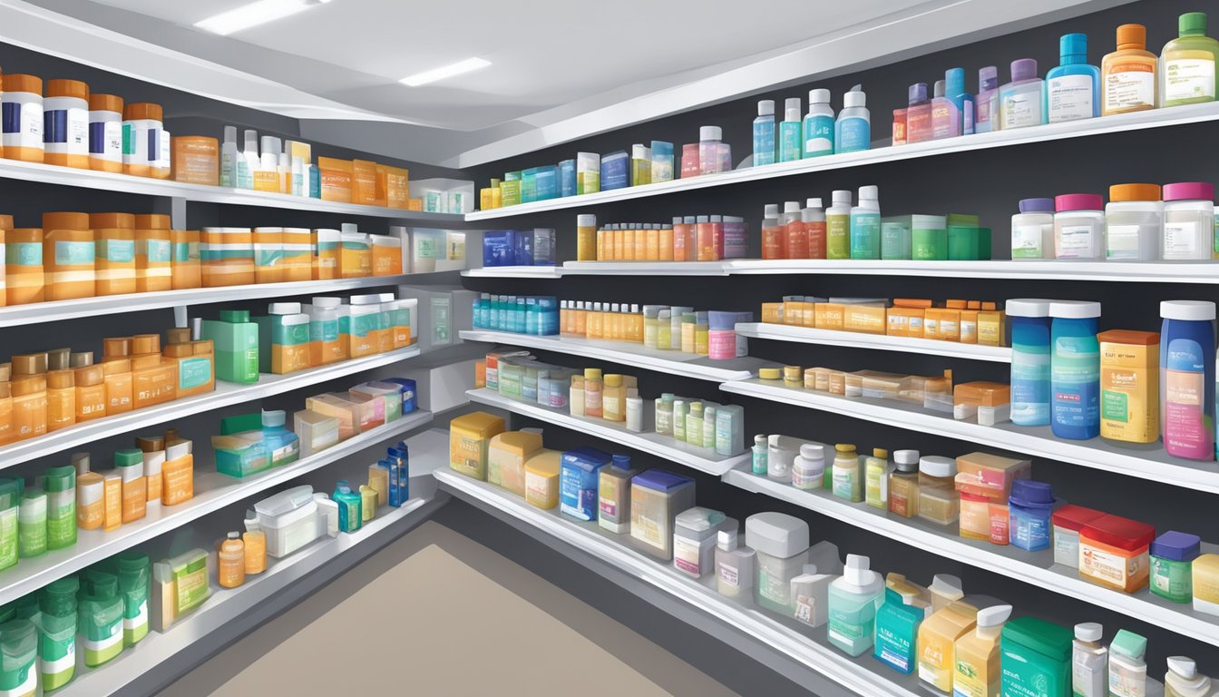 A pharmacy shelf displays various steroid products in Singapore
