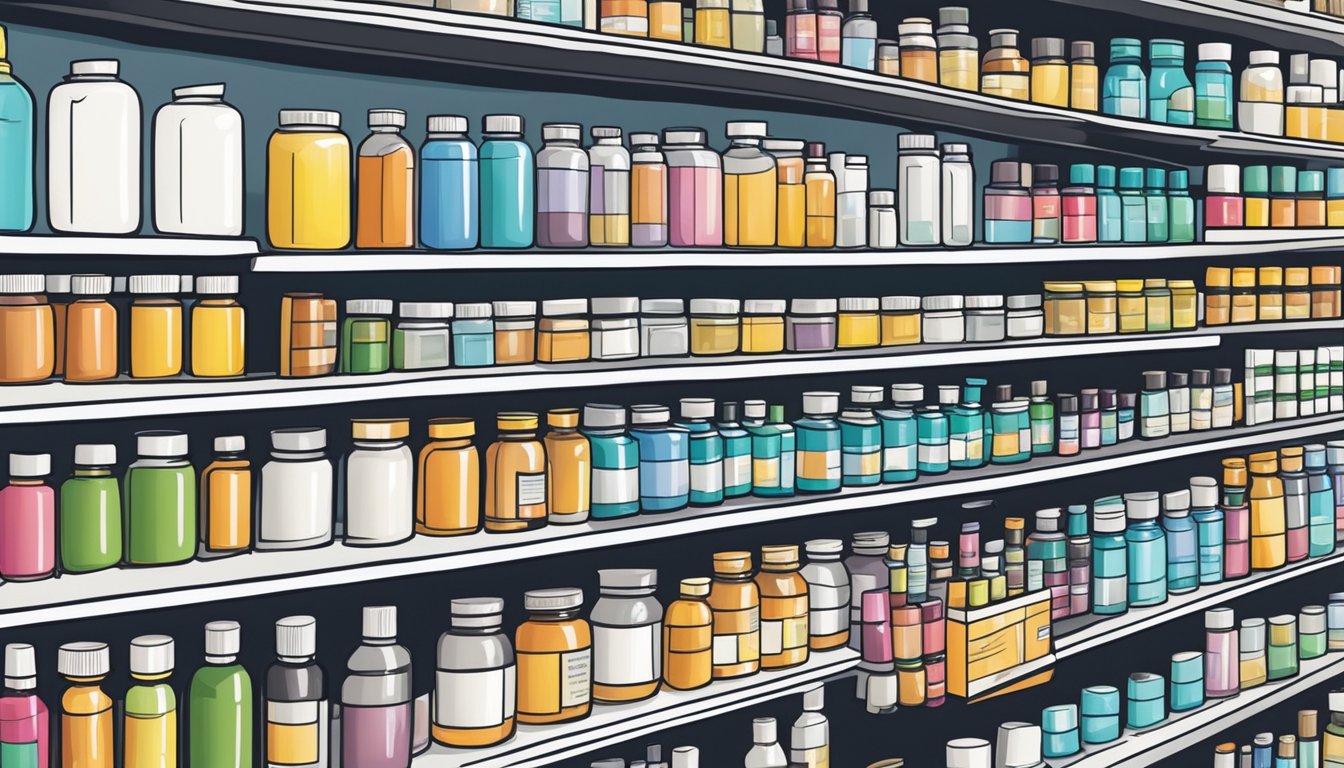 A pharmacy shelf stocked with various steroid products in Singapore