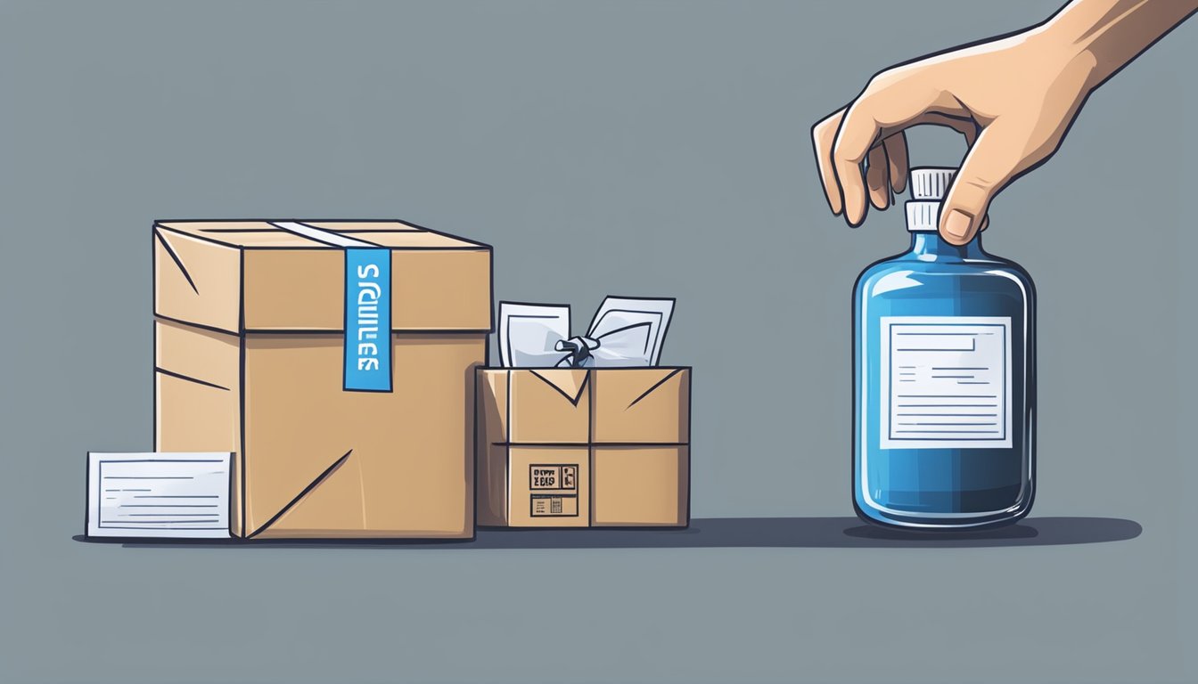 A person receives a package from a discreet delivery service. The package contains a vial of steroids with a label indicating its safety and authenticity