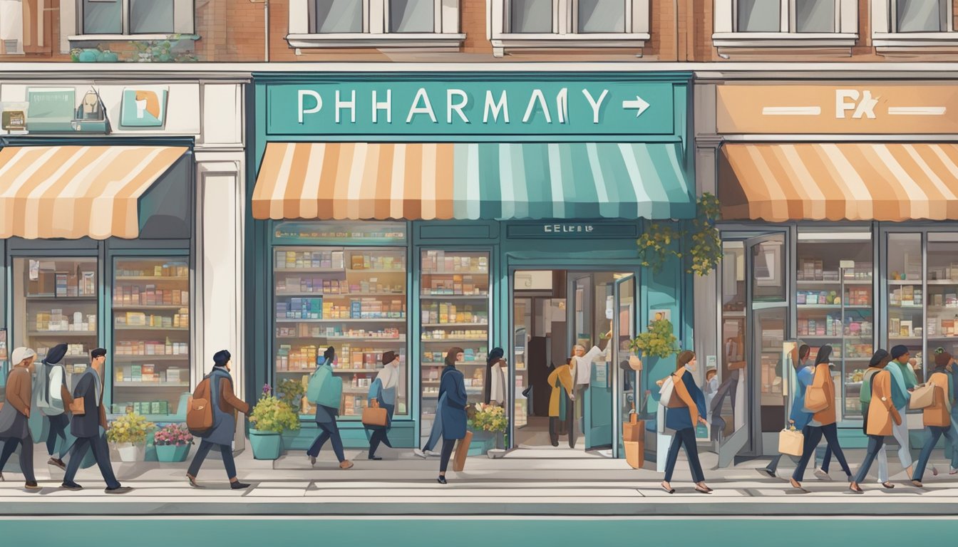A busy city street with a prominent pharmacy sign and people entering and exiting the store