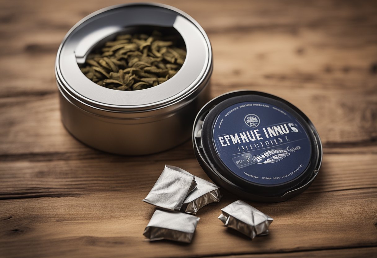 A tin of snus sits on a wooden table, next to a small, round box of portioned packets. A plume of smoke rises from a nearby ashtray