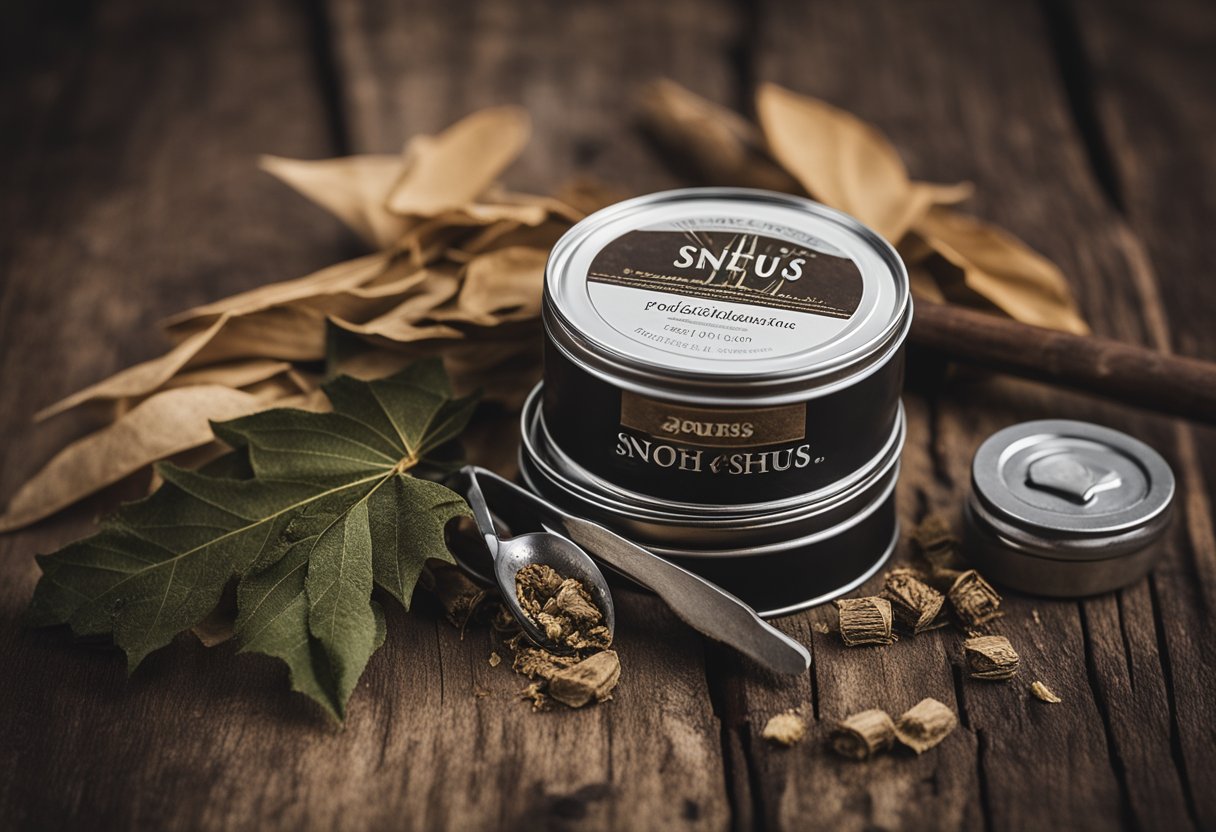 A tin of snus sits open on a rustic wooden table, surrounded by scattered loose tobacco leaves and a small, ornate snus tool
