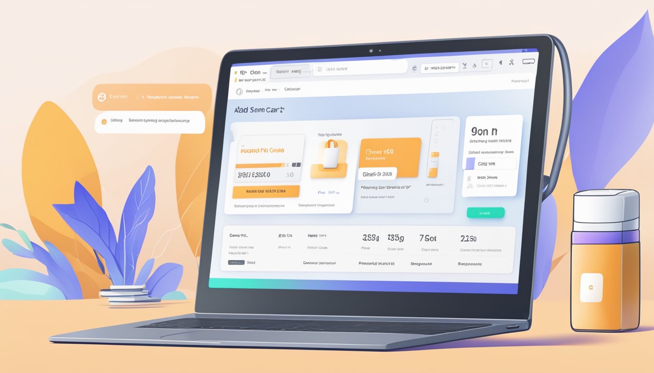 A computer screen displays a Xiaomi product page. A cursor clicks "Add to Cart" button. Payment details are entered
