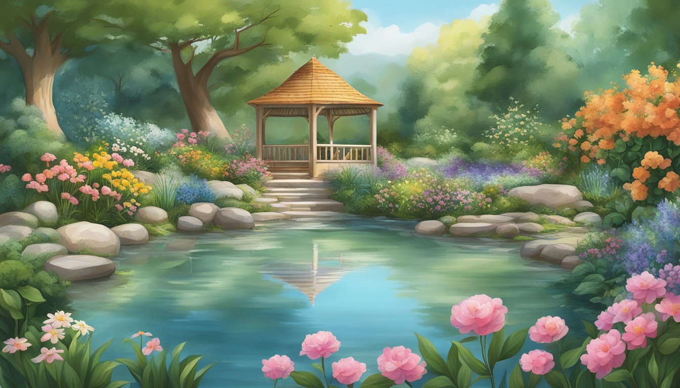 A serene garden with blooming flowers and tranquil water, surrounded by natural beauty ingredients like herbs and fruits, symbolizing Kose's beauty philosophy