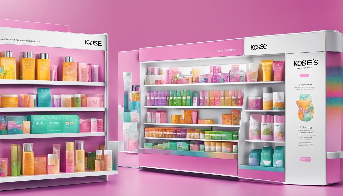 A display of Kose's top products and current trends, with vibrant packaging and sleek designs, available for purchase online