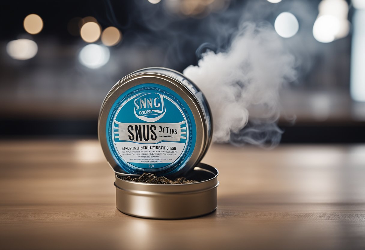 A tin of snus sits open on a table, with a cloud of smoke rising from it, filling the air with a strong, distinct aroma