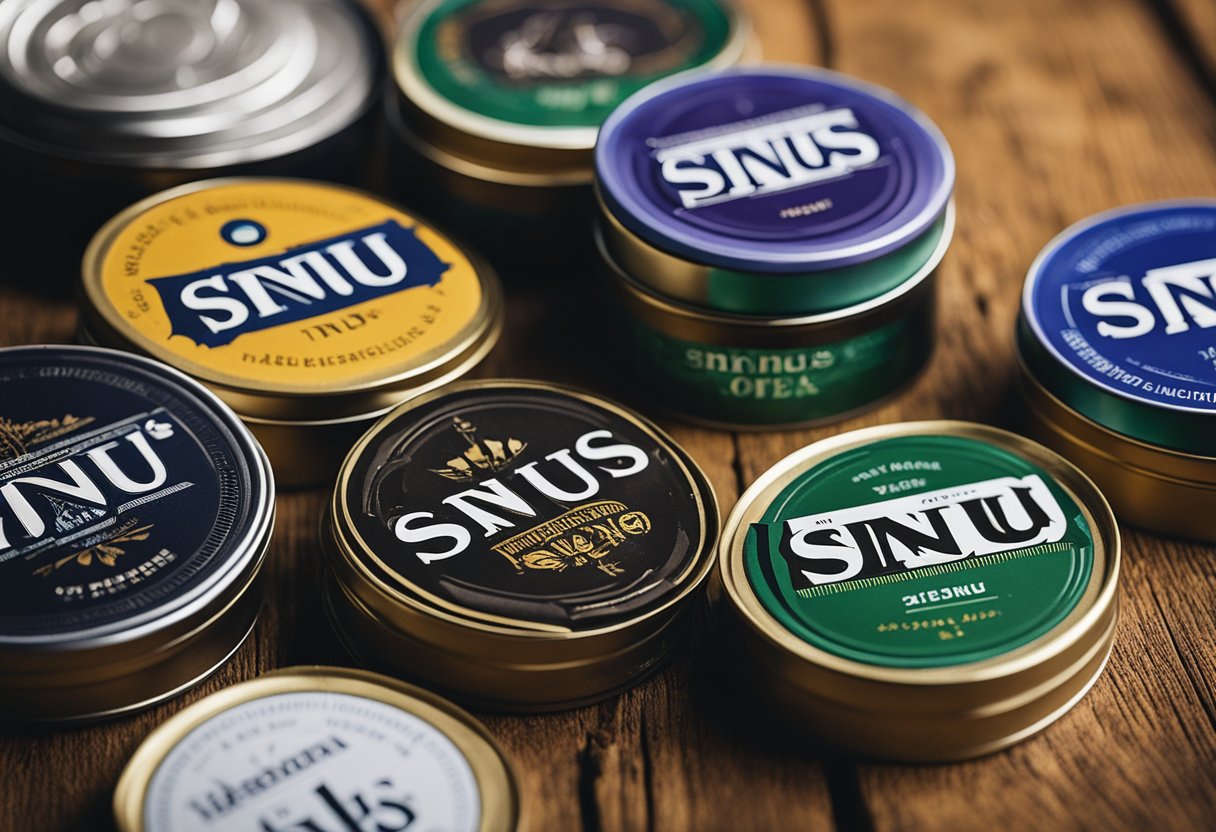 A tin of snus sits on a rustic wooden table, surrounded by various types of snus packets in different colors and designs. A subtle aroma of tobacco and herbs fills the air