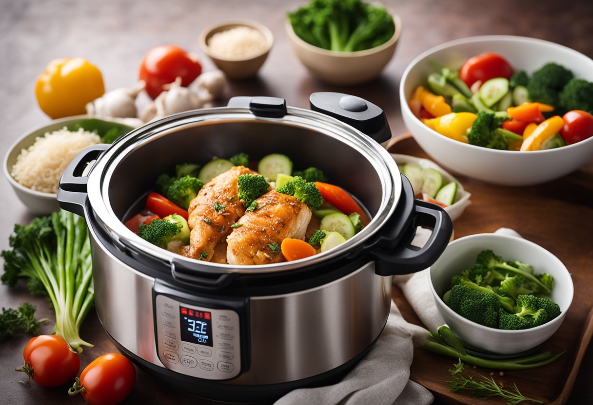 A steamy Instant Pot filled with Chinese chicken breast, surrounded by vibrant vegetables and aromatic spices