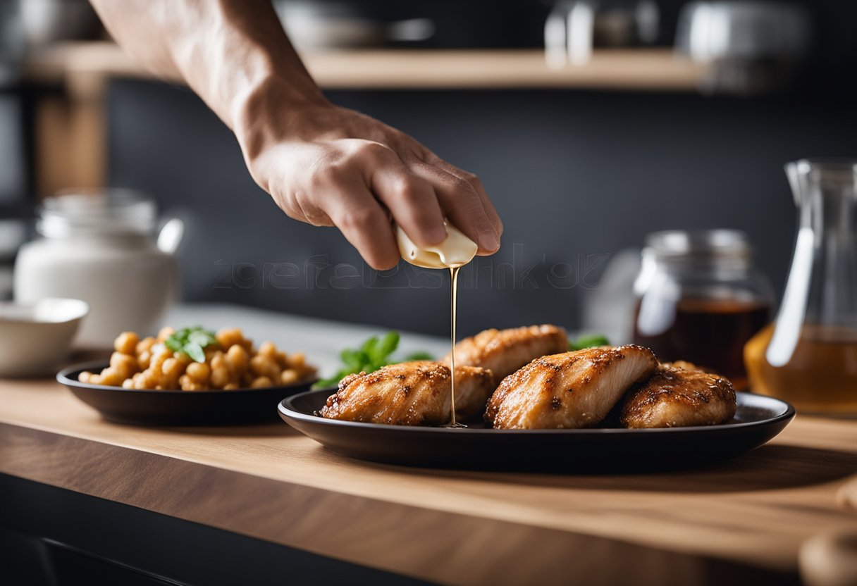 A hand reaching for soy sauce, ginger, and chicken breasts on a kitchen counter