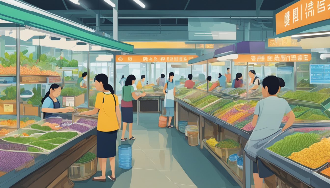 A bustling market in Singapore showcases various vendors selling tadpoles in glass tanks. Brightly colored signs advertise the different species available, drawing in curious customers