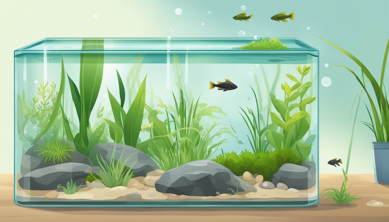 A clear glass tank filled with water, rocks, and aquatic plants. Tadpoles swimming and feeding on algae. A small net and a container of tadpole food nearby