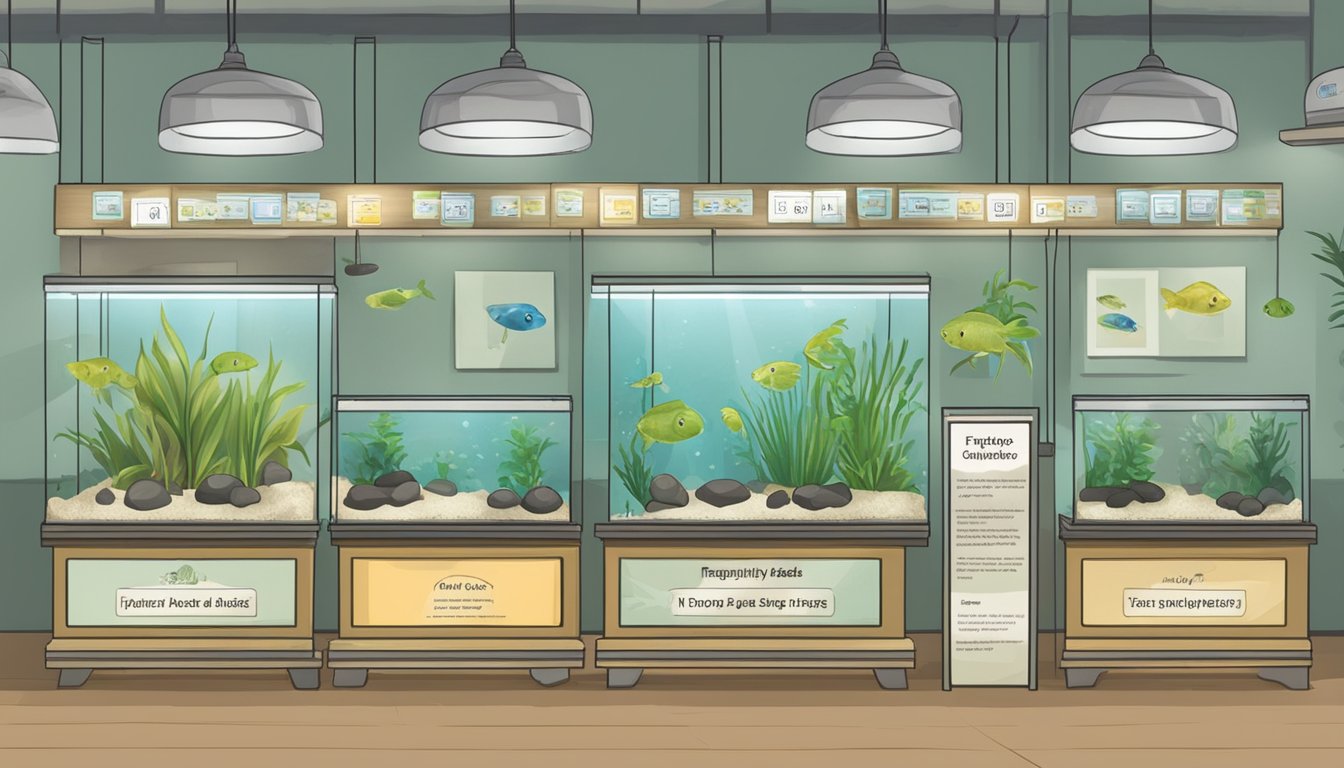 A pet store display with tadpoles in tanks, labeled "Frequently Asked Questions: Where to buy tadpoles in Singapore."