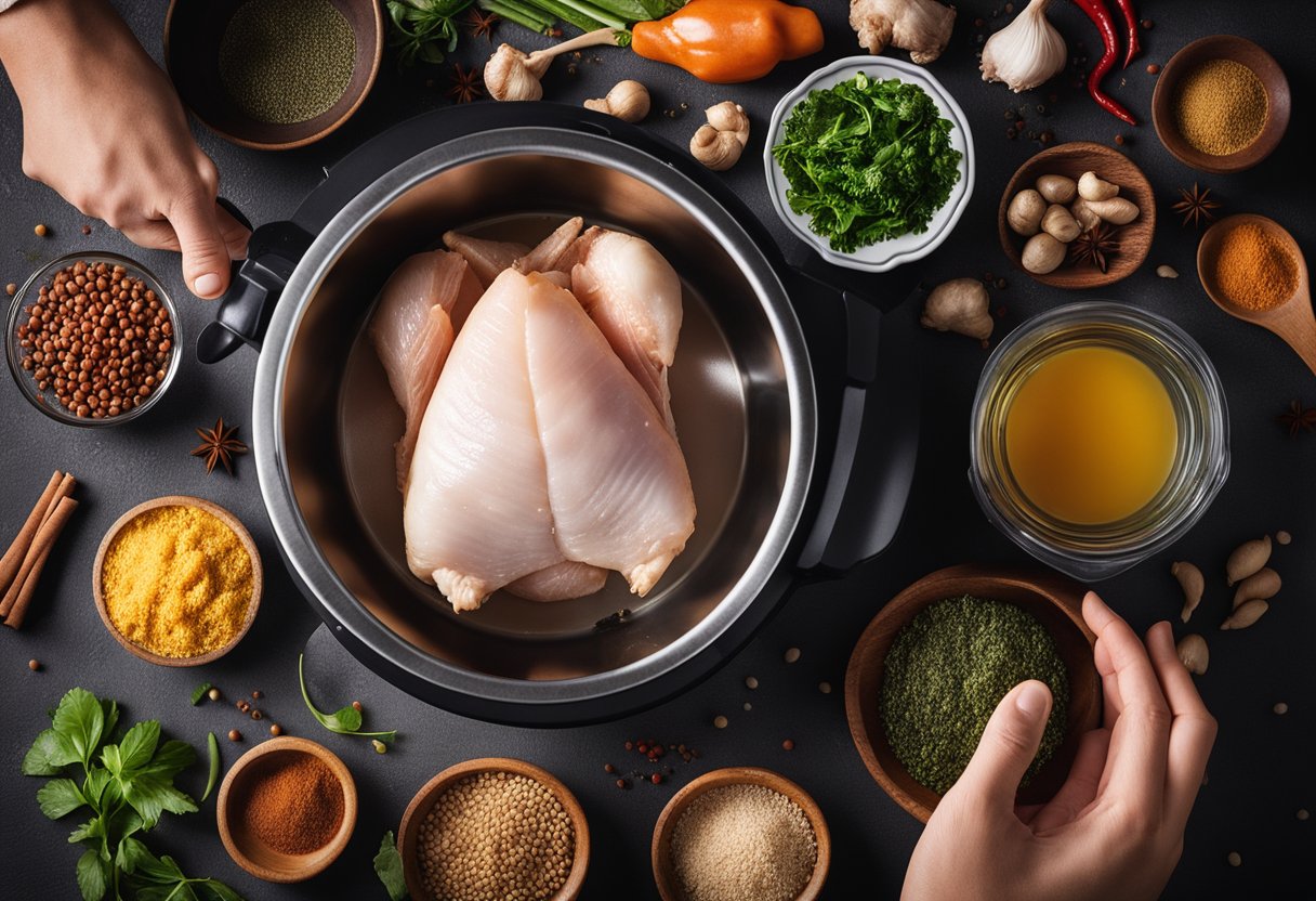 A hand placing raw chicken breast into an Instant Pot, surrounded by various Chinese spices and ingredients