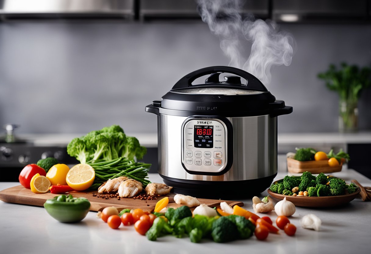 A steamy Instant Pot releasing fragrant steam as it cooks Chinese chicken breast with colorful vegetables and aromatic spices
