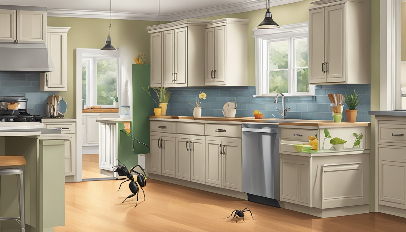 A homeowner placing Terro ant killer near kitchen cabinets
