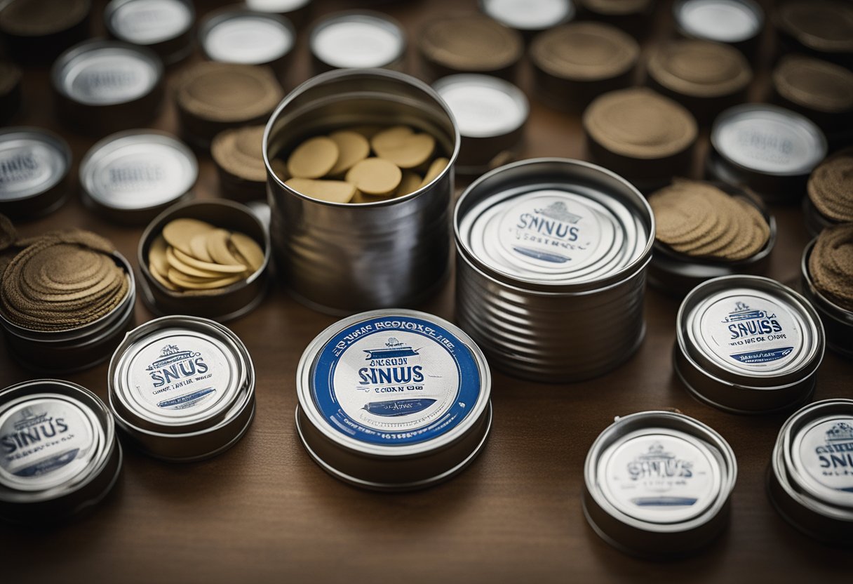 A tin of snus sits open on a table, surrounded by empty cans and a used spittoon. A faint aroma of tobacco lingers in the air
