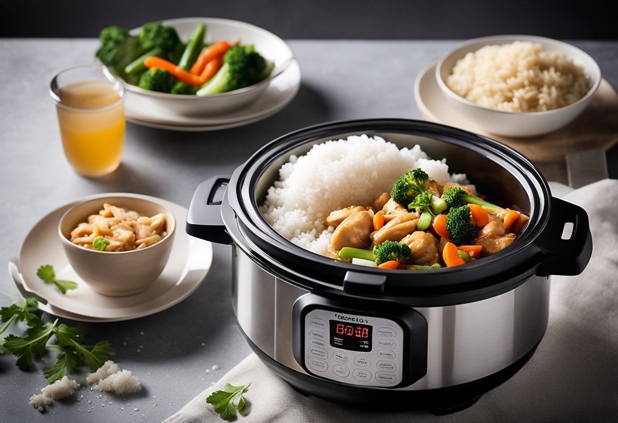 A steaming instant pot filled with Chinese chicken breast, accompanied by a side of stir-fried vegetables and a bowl of fluffy white rice