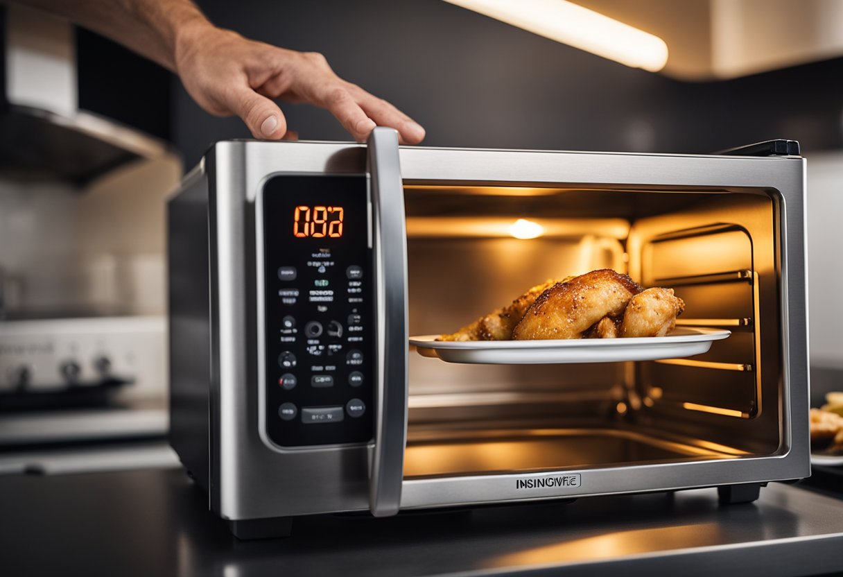 A hand reaches for a container of cooked Chinese chicken breast. The microwave door is open, ready for reheating. Instant Pot sits on the counter