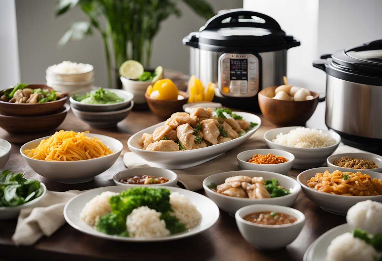 A table with a variety of Chinese ingredients and an Instant Pot, with a recipe book open to "Frequently Asked Questions instant pot Chinese chicken breast recipes."