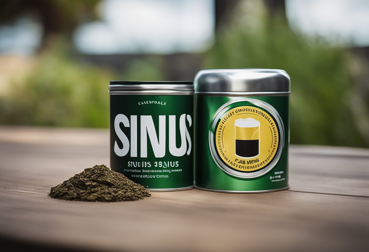 A can of snus sits on a wooden table next to a small, round box of mint-flavored snus. A used snus portion is discarded in a nearby trash can