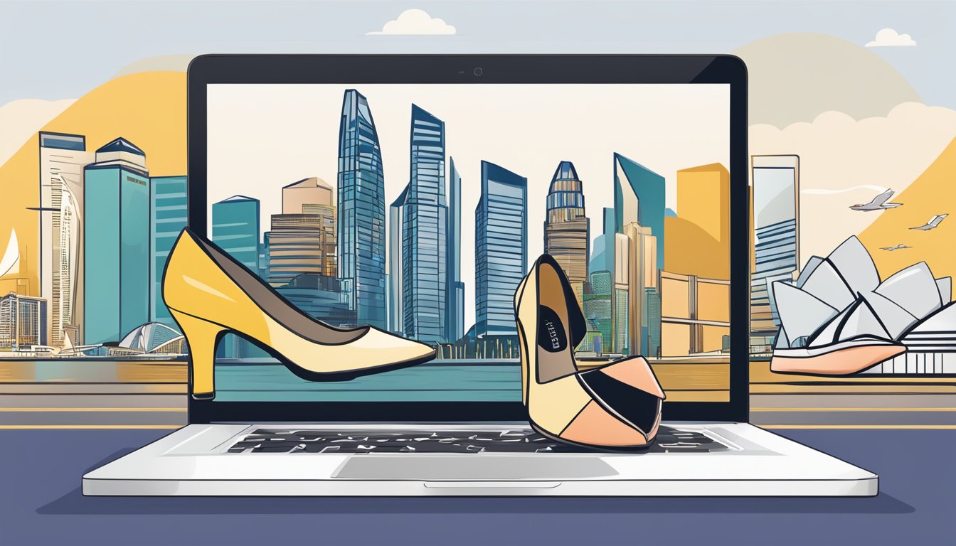 A laptop displaying a variety of stylish ladies' shoes on a website, with the Singapore skyline in the background