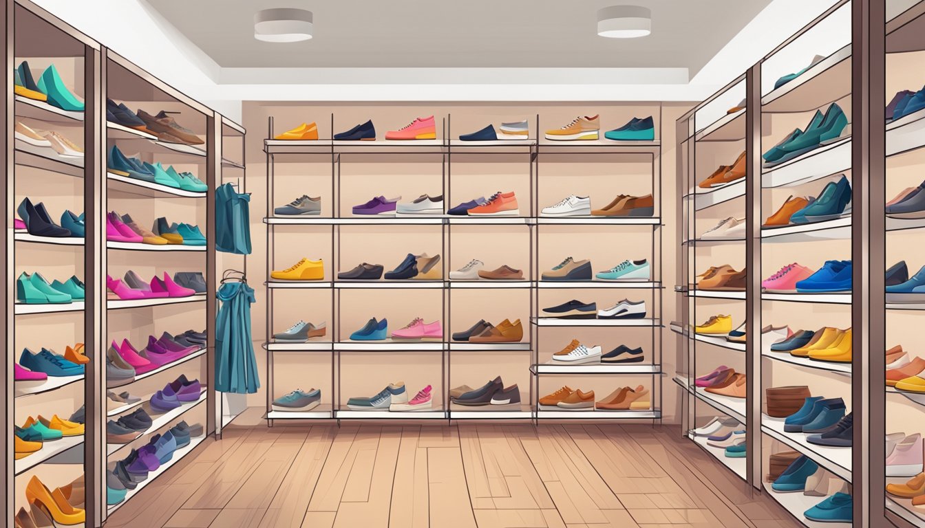 A colorful display of trendy women's shoes arranged neatly on shelves in a modern online store