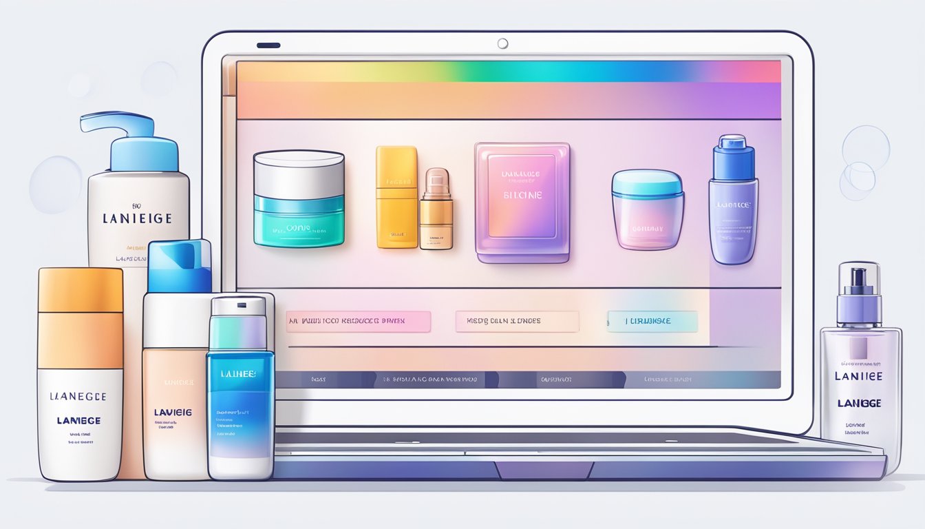 A laptop displaying a website with the logo "Laneige" on the screen, surrounded by various skincare products and a secure online checkout process