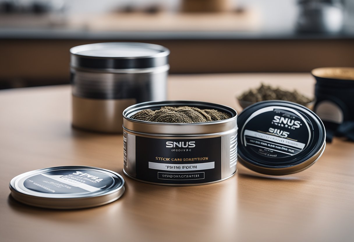 An open can of snus with a few pouches remaining, placed on a clean, modern tabletop with a sleek, minimalist background