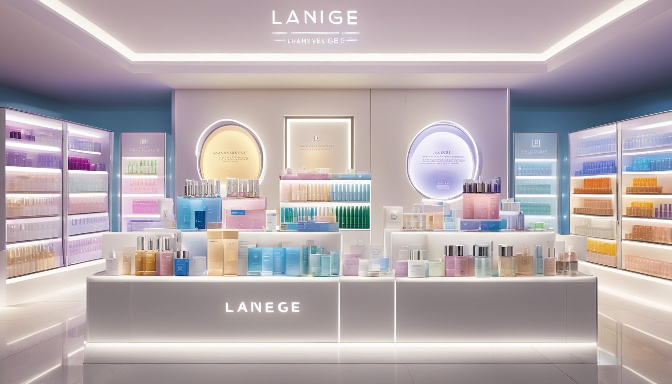 Laneige's skincare products arranged on a sleek, modern display with the brand's logo prominently featured. Bright lighting highlights the products' packaging and emphasizes their revolutionary nature
