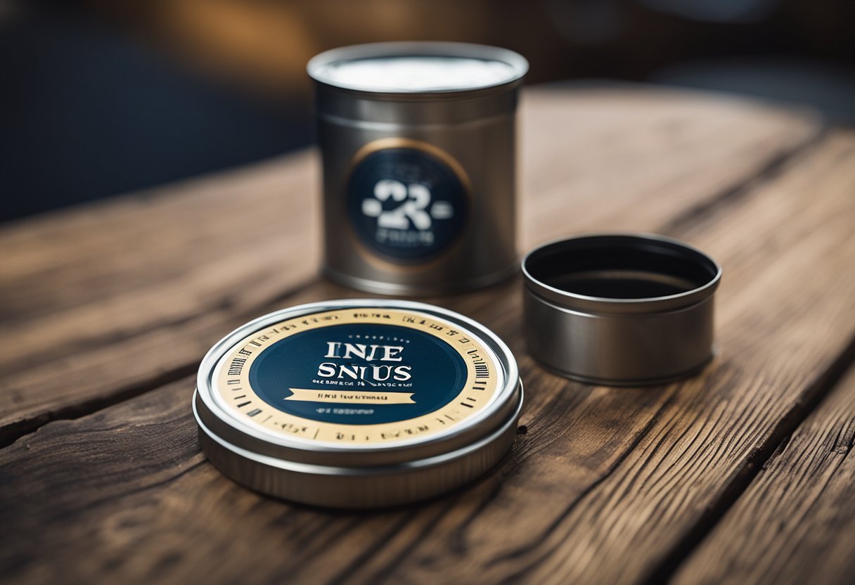 A tin of snus sits on a wooden table, next to an empty cup. A clock on the wall shows the time, indicating the passage of time