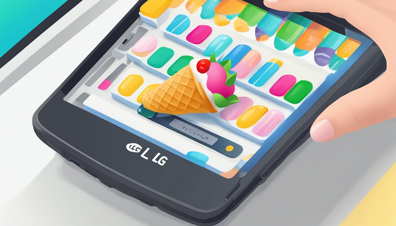 A hand reaches for an LG Ice Cream Smart flip phone displayed on a computer screen, with a "buy online" button highlighted